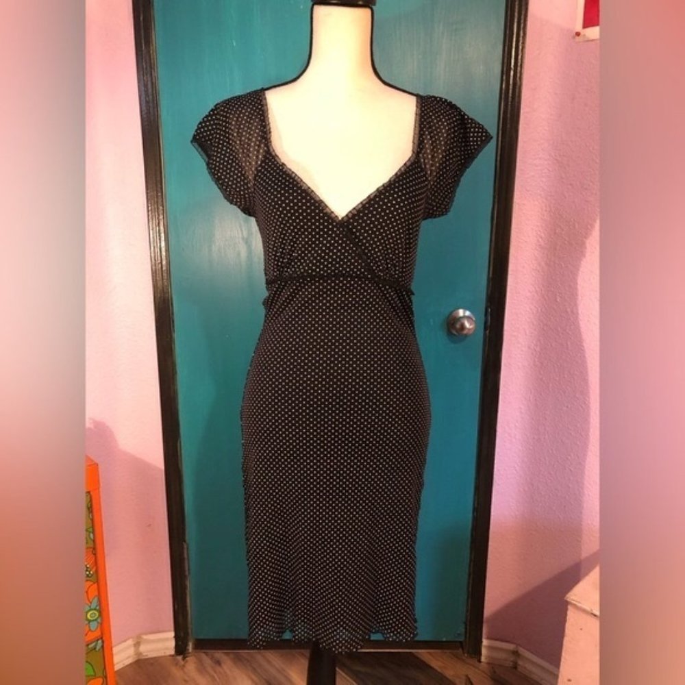Y2K Short Sleeve Black+White Polka Dot V Neck Lettuce Hem Midi Dress